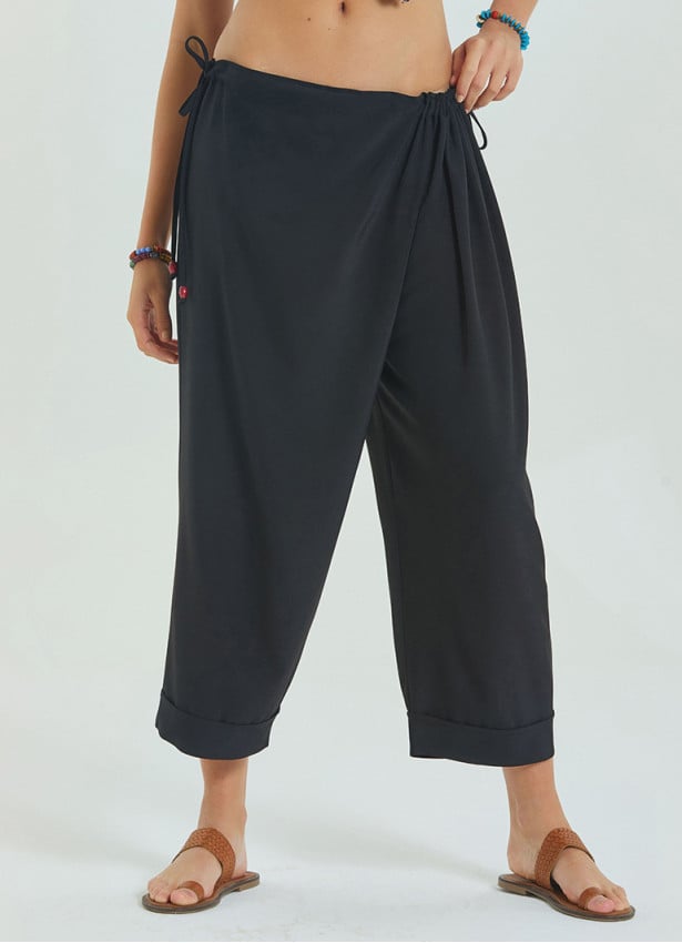 Adjustable Waist Black Women's Summer Trousers with Rope Detail 4583